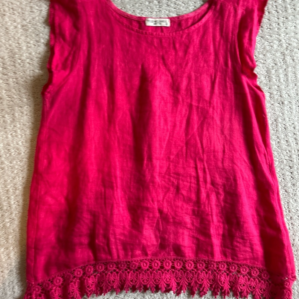 Pink Sleeveless, Linen Blouse with Crochet Trim
